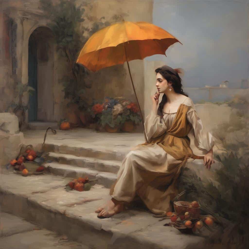 Χαλαρή γυναίκα με μπότες κρατάει πορτοκαλί ομπρέλα σε παραδοσιακό τοπίο.