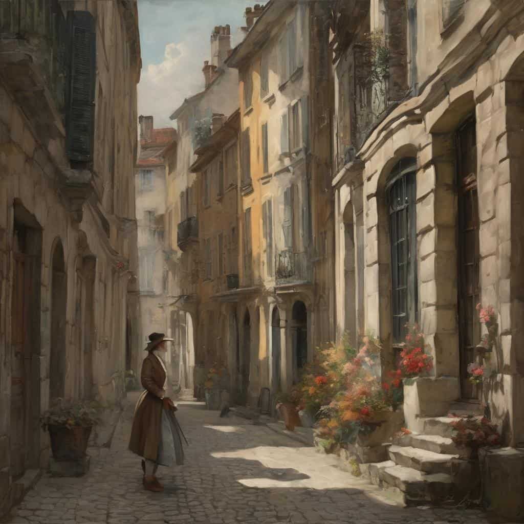 Παλιά οδός στην Ευρωπαϊκή πόλη με γυναικεία φιγούρα σε κίνηση.