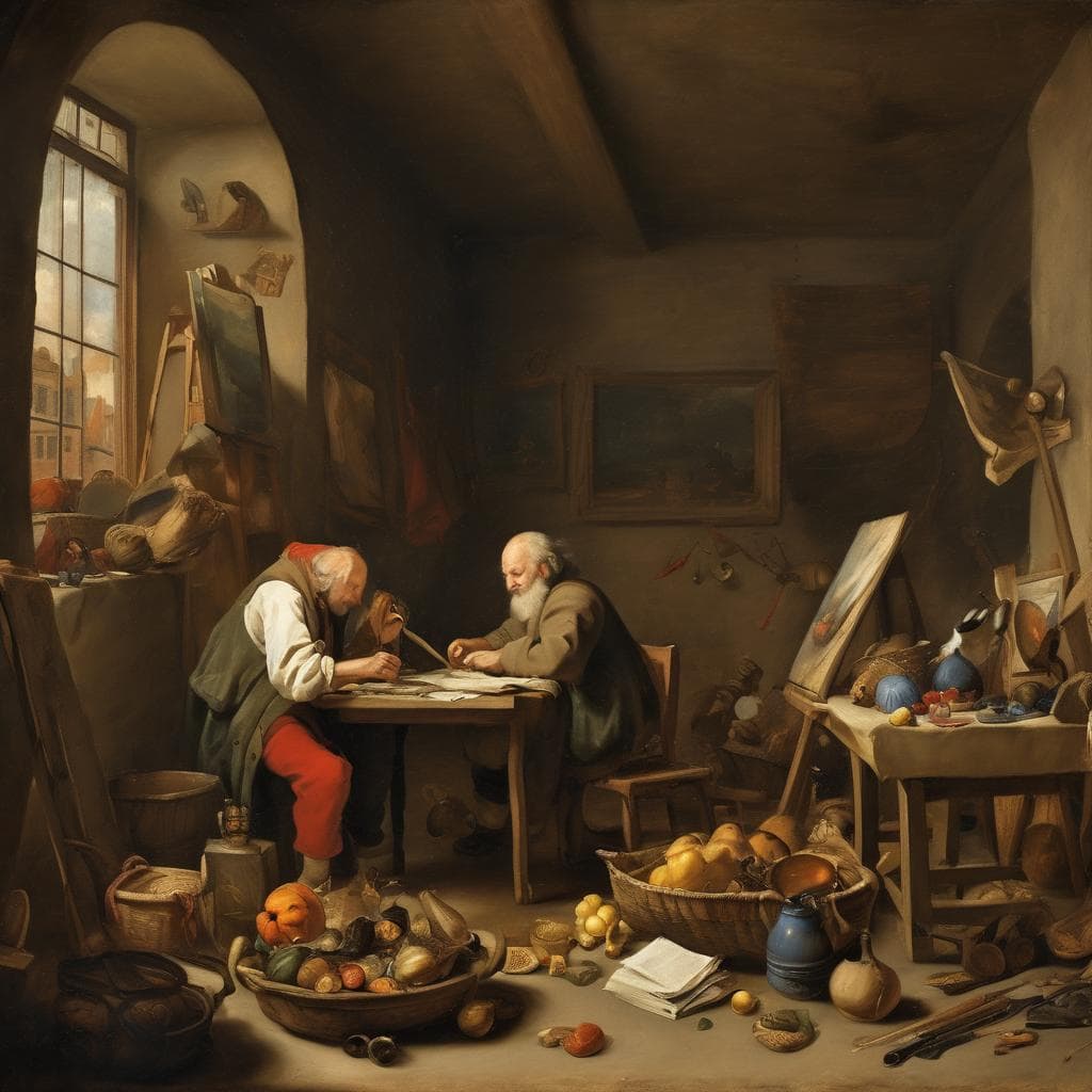 Παραδοσιακή ζωγραφική δωμάτιο με ανθρώπους σε ονειρική κίνηση και έκφραση.